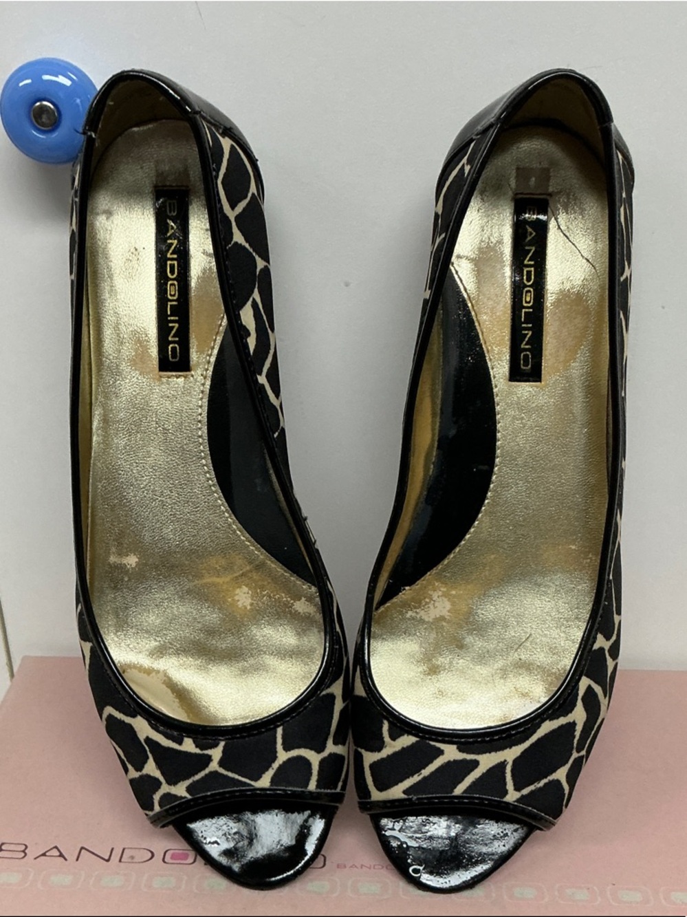 Bandolino Black and Cream Giraffe-Print Peep-Toe Heels